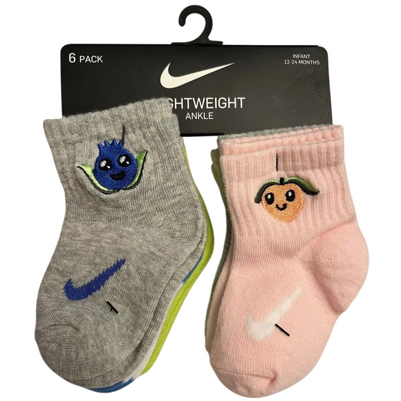 Nike Infant Ankle Socks Set Multicolor 6 Pack Logo Fruit Embroidery Size 12-24 M - Picture 1 of 14